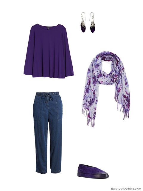 wearing an ultraviolet tee with blue denim pants