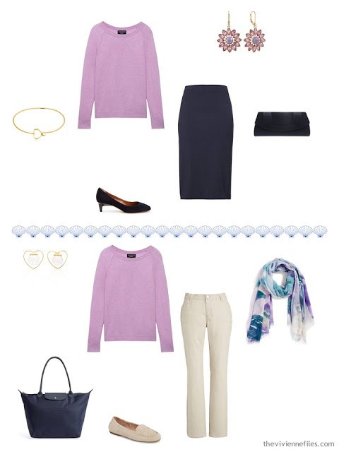 2 ways to wear a thistle pink sweater from a 4 by 4 Travel Capsule Wardrobe