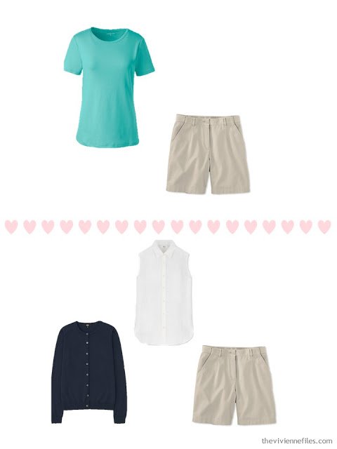 2 ways to wear beige shorts from a 4 by 4 Travel Wardrobe