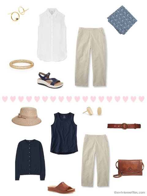 2 ways to wear beige capris from a 4 by 4 Travel Wardrobe