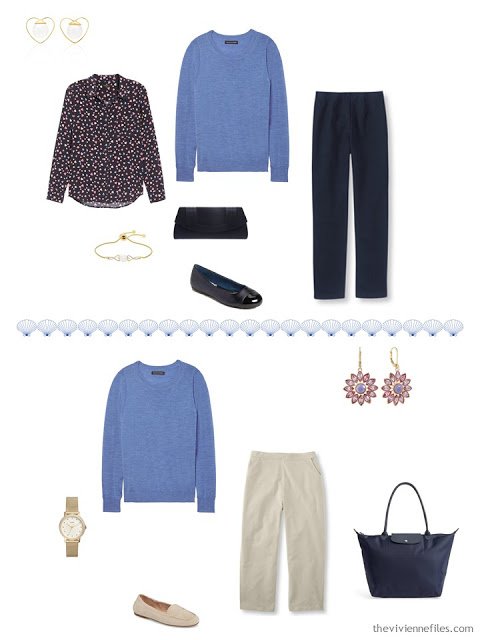 2 ways to wear a cornflower blue sweater from a 4 by 4 Travel Capsule Wardrobe