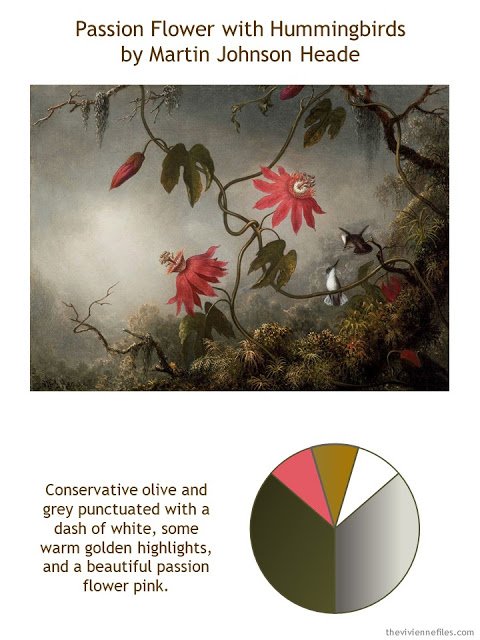 Passion Flower with Hummingbirds by Martin Johnson Heade with style guidelines and color palette