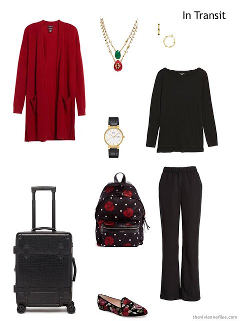 travel outfit in black and red with rose accents