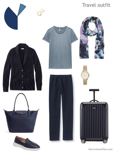travel outfit in navy and muted teal