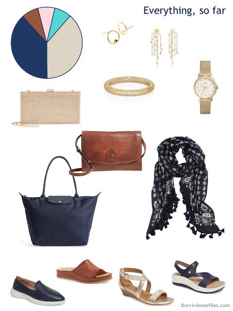 Accessory wardrobe for travel in gold, navy and cognac 