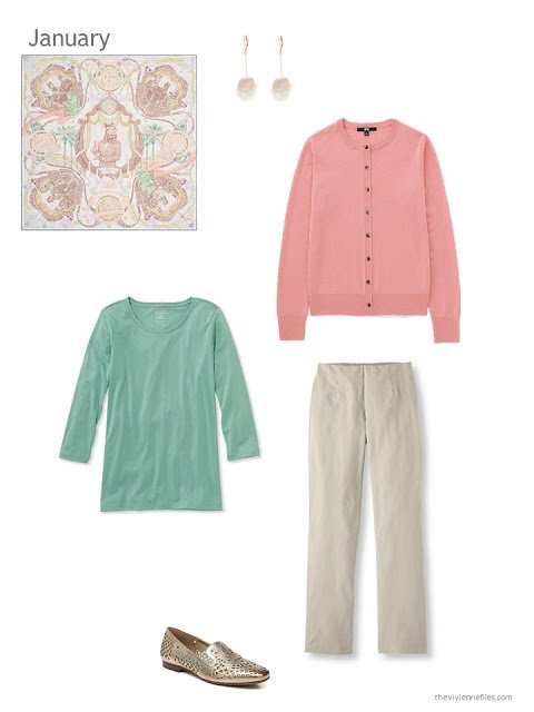 peach cardigan, mint tee and beige trousers united by an Hermes scarf