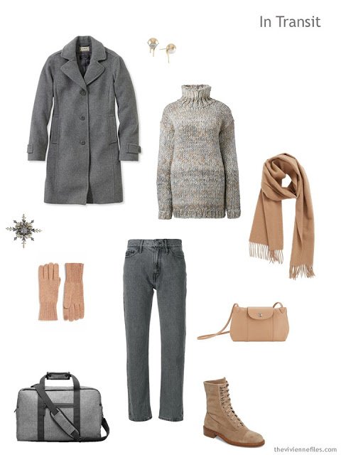 cold-weather travel outfit in grey and camel