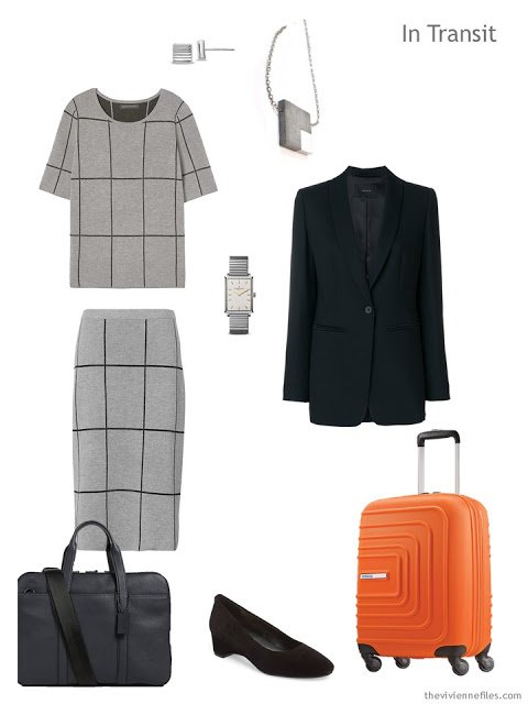 Business travel outfit in grey and black