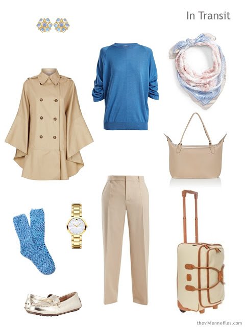 travel outfit in beige with blue accents