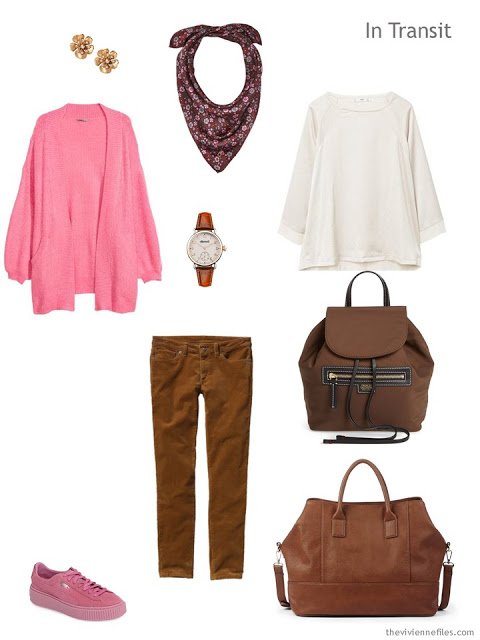casual travel outfit in brown, pink and cream for cool weather