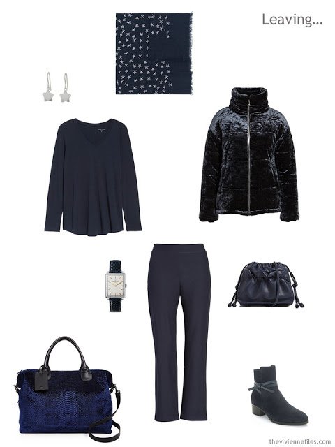 cold weather travel outfit in navy