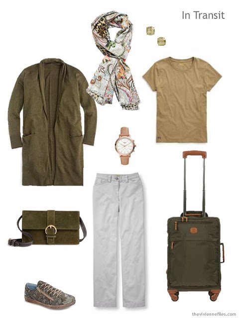 travel outfit in olive, gold and white