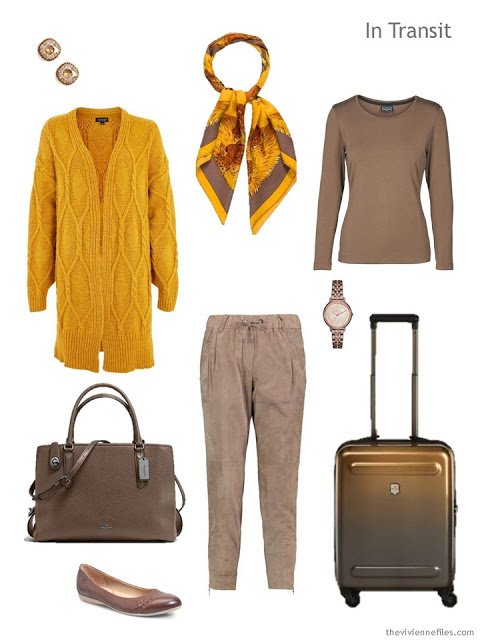 travel outfit in cocoa brown with bright yellow accents