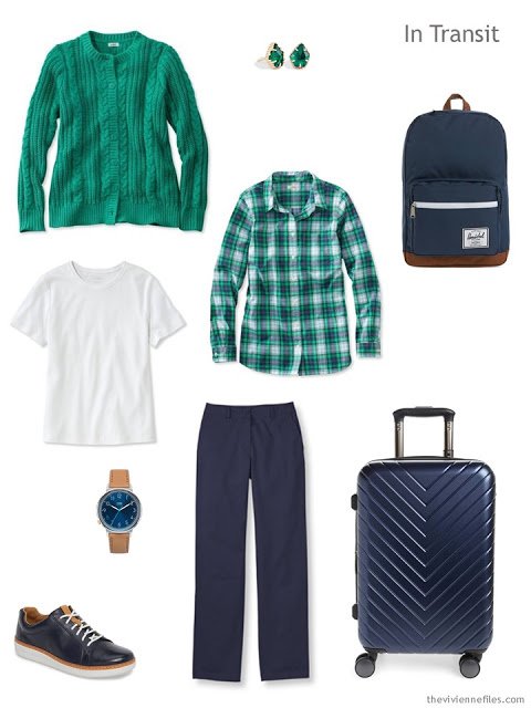 travel outfit in green, white and navy