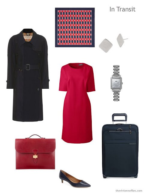 Business travel outfit in navy and red