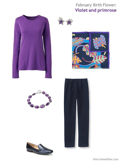wearing violet with navy