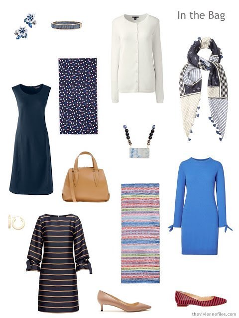 Tote Bag Travel capsule wardrobe of 3 dress and 1 cardigan in navy, blue and ivory