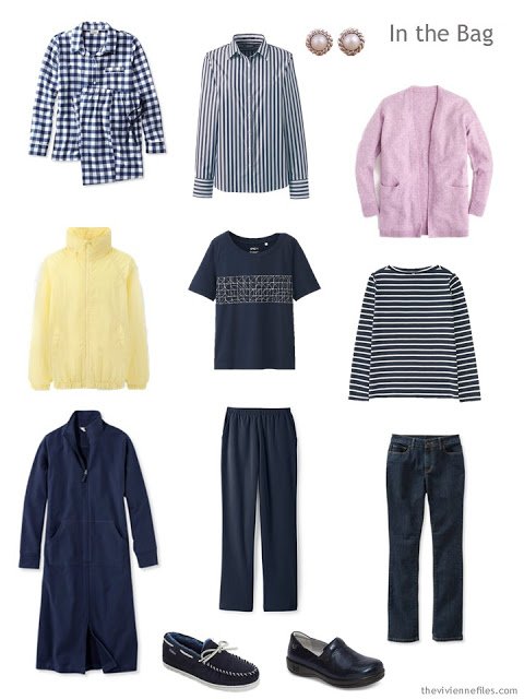 travel capsule wardrobe in navy, white and pastel accents