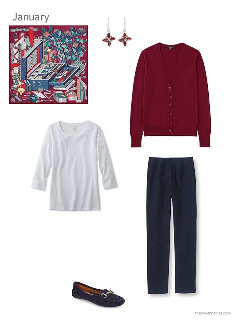 wine red cardigan, white tee and navy pants accented by an Hermes scarf