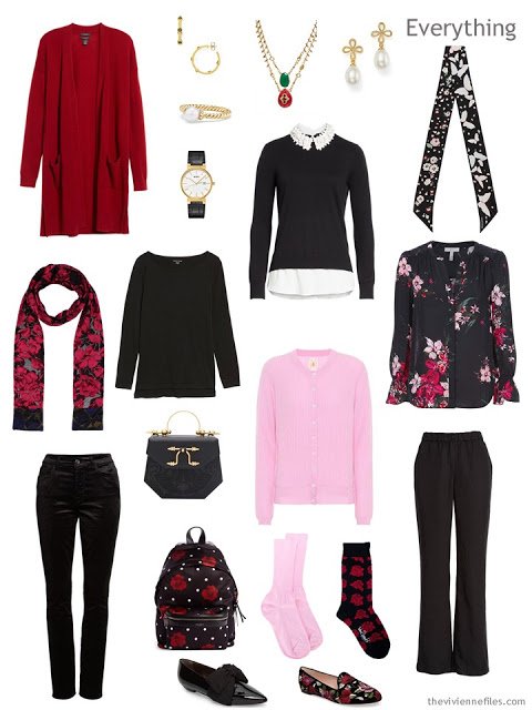 Travel Capsule Wardrobe of roses, in black, red and pink