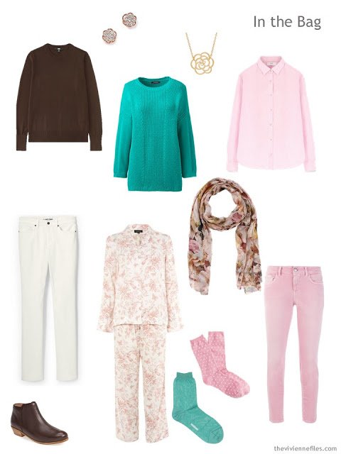 travel capsule wardrobe in brown, green, pink and cream