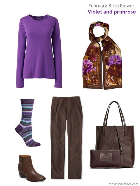 wearing violet with brown