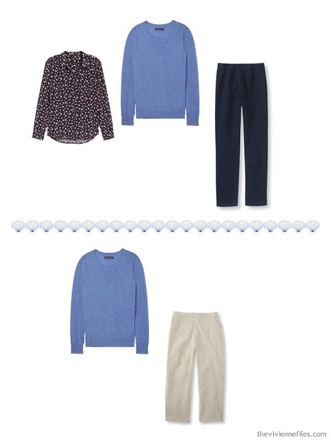 2 ways to wear a blue sweater from a 4 by 4 Travel Wardrobe