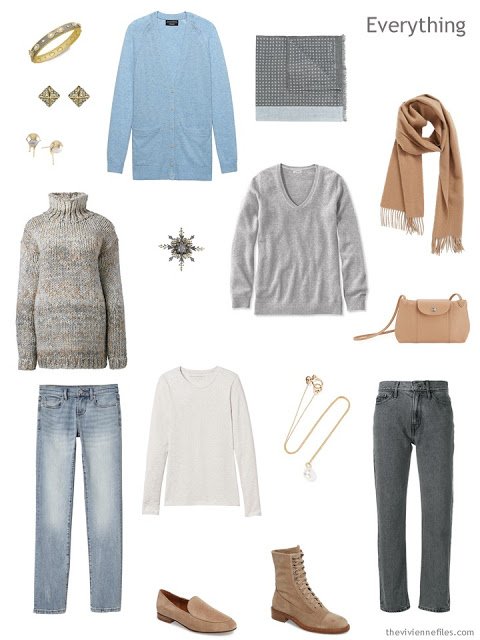 travel capsule wardrobe in grey, camel and light blue, for cool weather