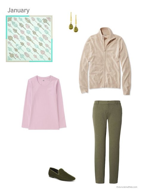 beige cardigan, pink tee and olive pants brought into harmony with an Hermes scarf