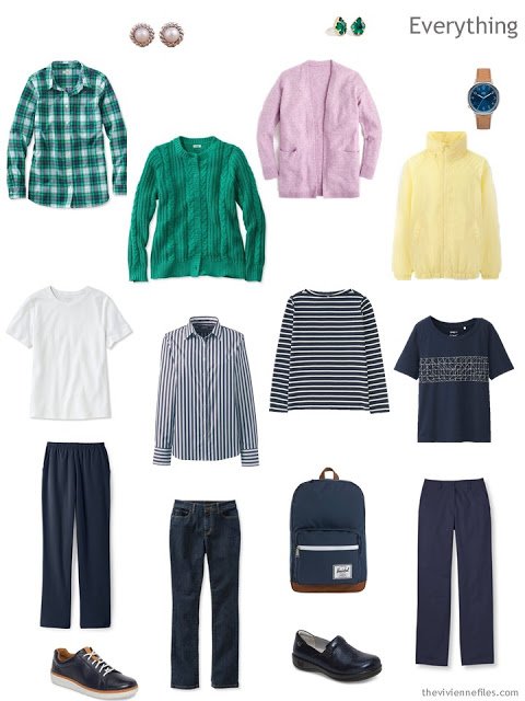 travel capsule wardrobe in navy, white and pastel accents