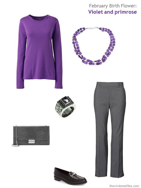 wearing violet with grey