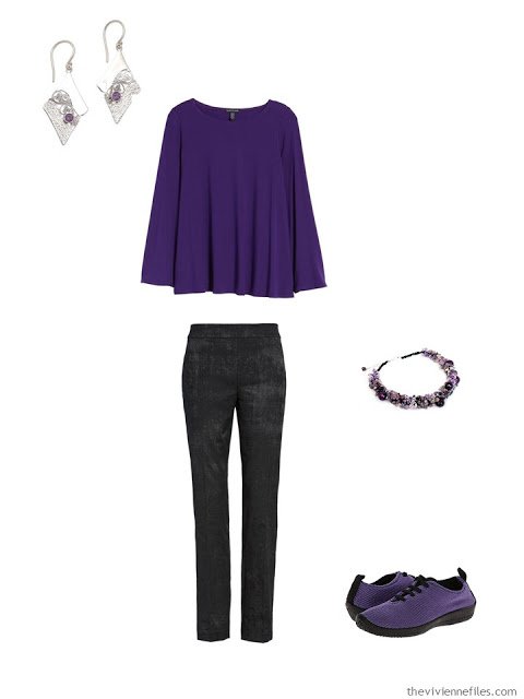 wearing an ultraviolet tee with black jacquard pants