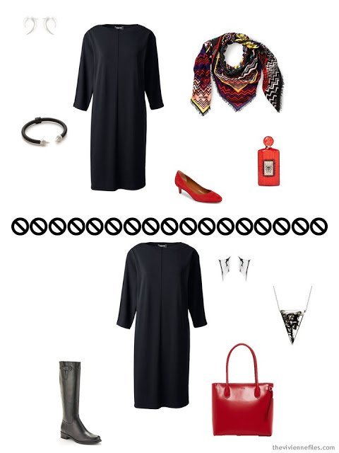  2 ways to wear a black dress from Tote Bag Travel Wardrobe in black and white for cool weather business