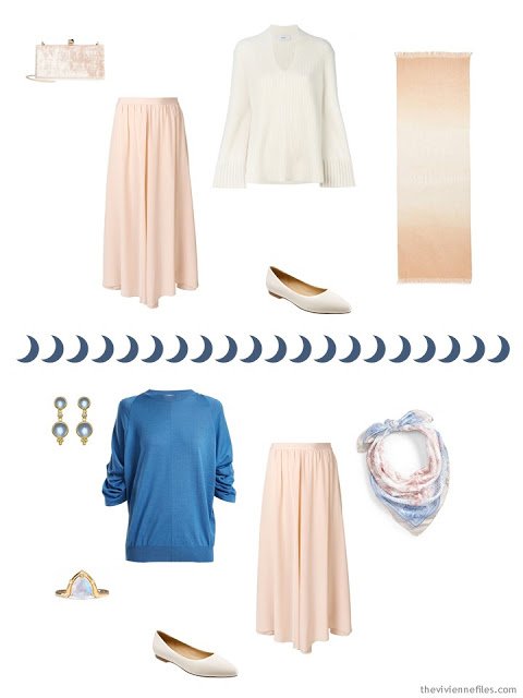 2 ways to wear a pale coral silk skirt from a Tote Bag Travel capsule wardrobe