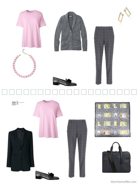 2 ways to wear a pink tee shirt in a Tote Bag Travel capsule wardrobe 