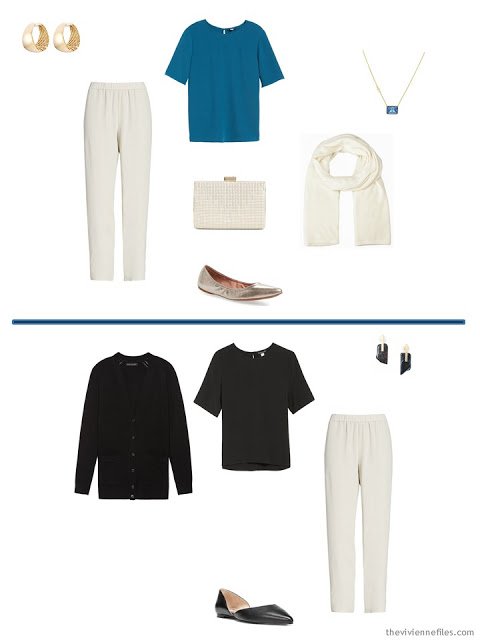 2 ways to wear ivory pants in a Tote Bag Travel wardrobe of camel, black, ivory and blue