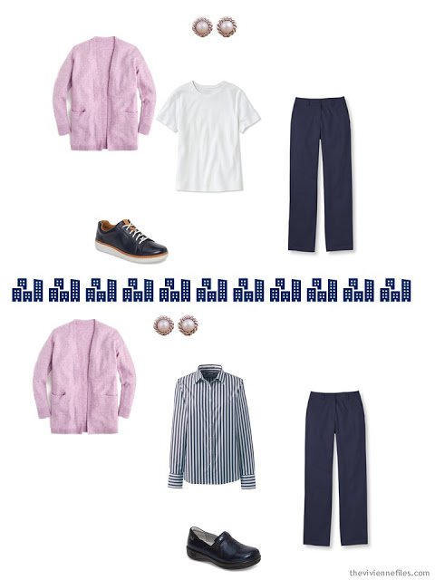 2 ways to wear pink with navy and white from a travel capsule wardrobe