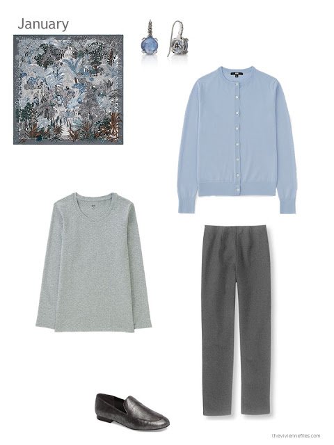 Hermes Jardin a Sintra scarf with a light blue cardigan, grey tee and charcoal grey pants