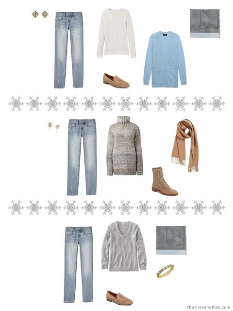 three outfits from a winter travel capsule wardrobe in camel, grey and blue