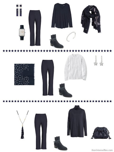 3 outfits from a navy and white cool weather travel capsule wardrobe