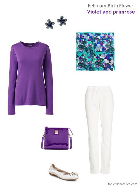 wearing violet with white