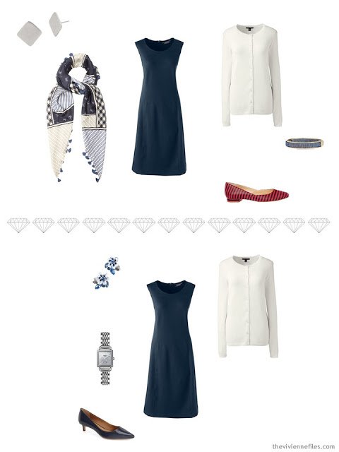 2 ways to accessorize a navy dress for business