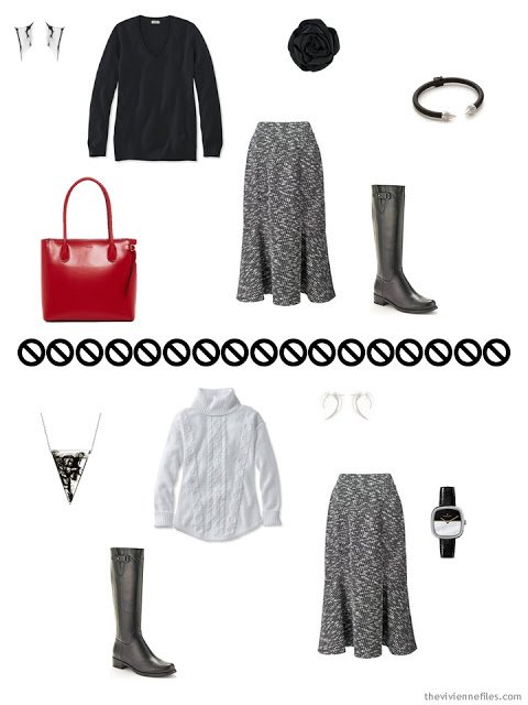 2 ways to wear a tweed skirt from a black, white and red business Tote Bag Travel capsule wardrobe for business