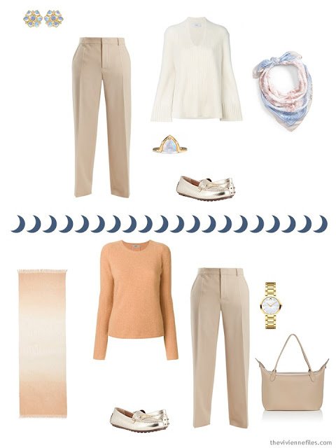 2 ways to wear beige pants from a Tote Bag Travel capsule wardrobe