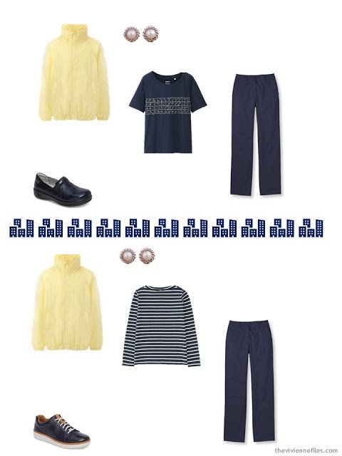 2 ways to wear yellow with navy and white from a travel capsule wardrobe