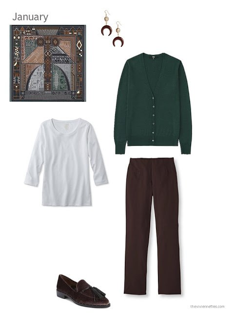 Hermes Ndop inspires this outfit of a forest green cardigan, white tee and brown pants