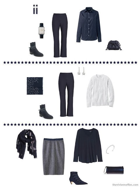 3 outfits from a navy and white cool weather travel capsule wardrobe