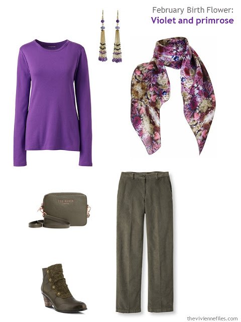 wearing violet with olive green