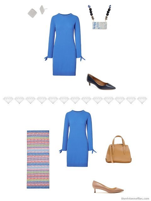 2 ways to accessorize a cornflower blue dress for business