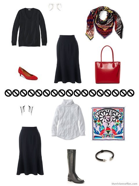 two ways to wear a black skirt from a Tote Bag Travel Wardrobe in black, white and red